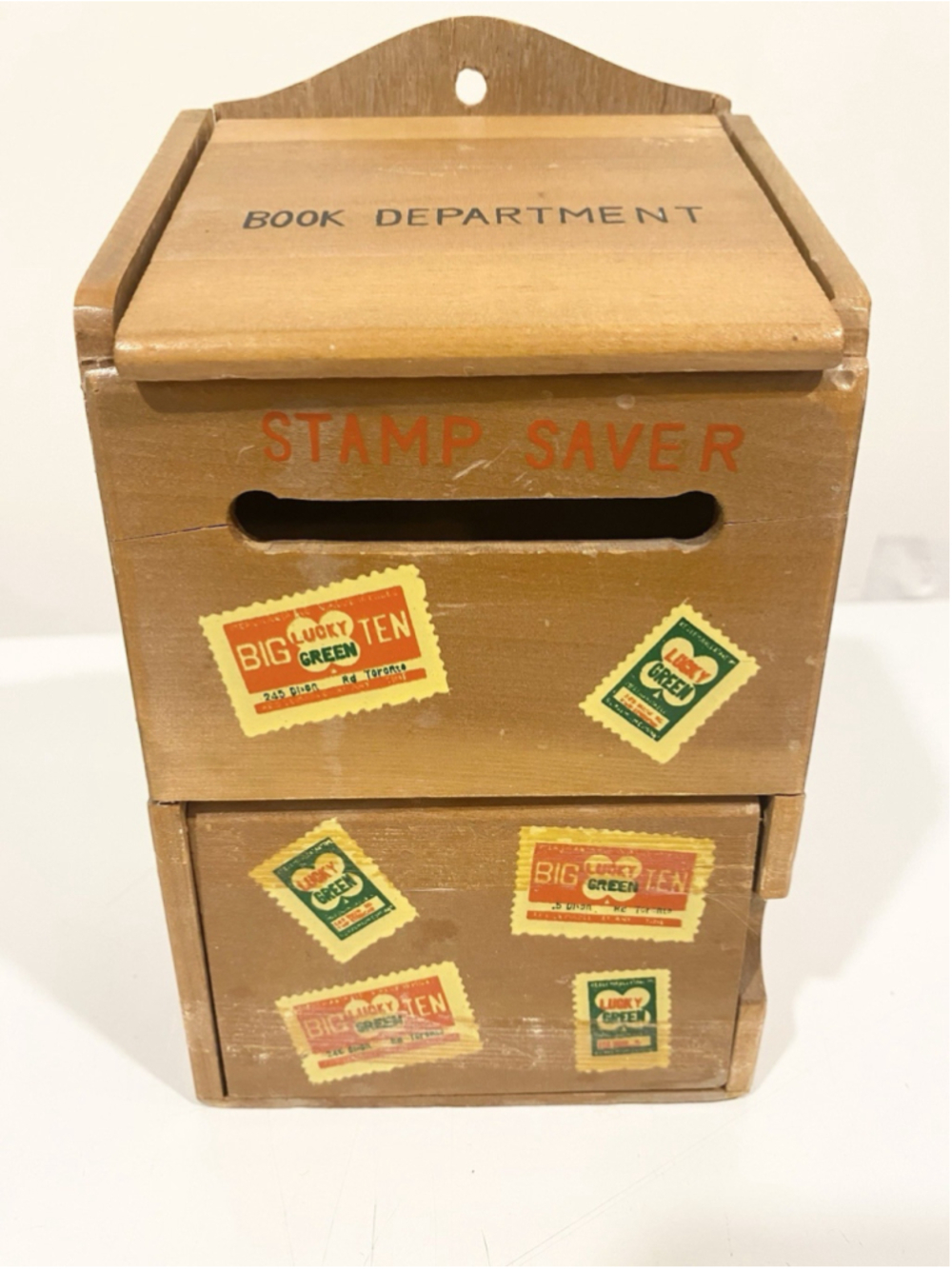 Vintage Lucky Green Trading Stamp Saver Wooden Box Canadian Advertising